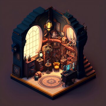 32-bit Isometric Steampunk Room with a rounded window, bookshelf, decorated column, AI generated