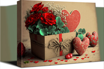 Valentine´s day background, colored hearts flowers, gifts, postcard, landscape, paper kraft,