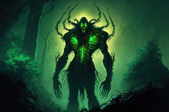 a demonic creature standing in front of a green background, concept art, cosmic horror, hellish background, art illustration 