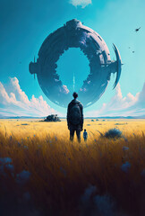 a man standing in the middle of a field under a blue sky, space art, sci-fi art illustration 