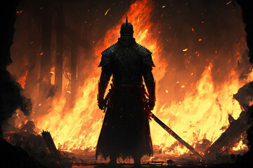 a man with sword standing in front of a fire, fantasy concept art illustration 