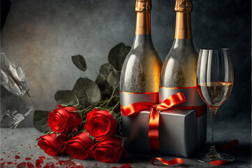 Valentine's day background with red roses, wine, romantic on gray background.