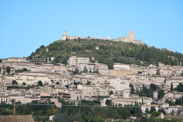 View to hill town Assisi and Rocca Maggiore, Umbria Italy