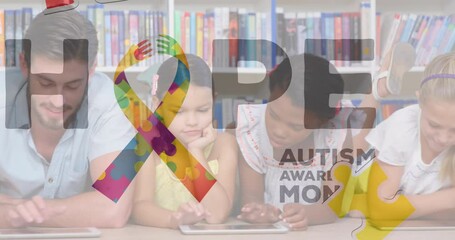 Animation of hope, autism awareness month and colorful ribbon over diverse pupils at school - Powered by Adobe
