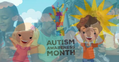Animation of puzzle and autism awareness month text over diverse schoolchildren using tablet - Powered by Adobe