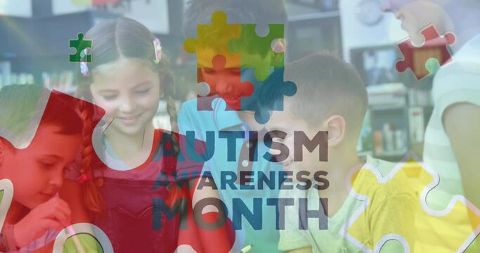 Animation of puzzle and autism awareness month text over diverse schoolchildren smiling