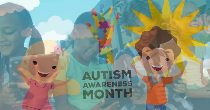 Animation of puzzle and autism awareness month text over diverse schoolchildren using tablet