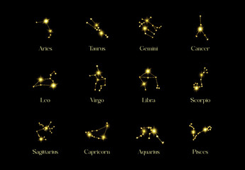 Horoscope Constellations of the zodiac sign from a golden texture on a black background