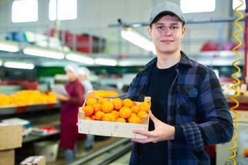 Portrait of smiling young worker standing with box of selected mandarins at sorting line of fruit processing factory ..