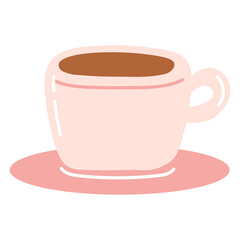 Hand drawn coffee mug with saucer icon. Flat vector illustration of cup with coffee or tea, cartoon design element