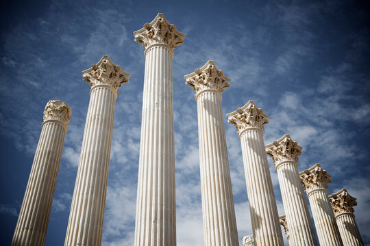Low angle view of columns against sky at Roman temple