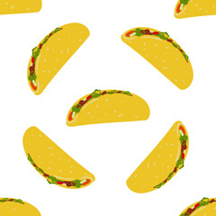 Seamless pattern with traditional Mexican food tacos illustration on white background