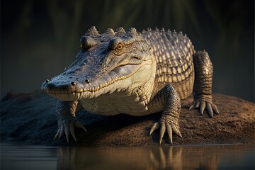 Full body portrait of a crocodile waiting on the shore