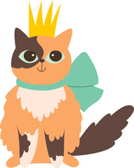 Cute cat with crown flat icon Birthday celebration