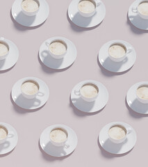Pattern of coffee cups in tan pastel background, 3d rendering. Coffee culture cappuccino drinks, daily caffeine consumption