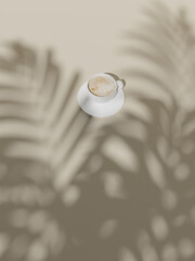 Cup of cappucino in tan pastel background and tropical shadows, 3d rendering. Digital illustration of a coffee drink with harsh summer shadows, classic italian coffee culture