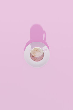 Cup of cappucino, overhead shot against pink background, 3d rendering. Digital illustration of a caffeinated drink, classic italian coffee culture
