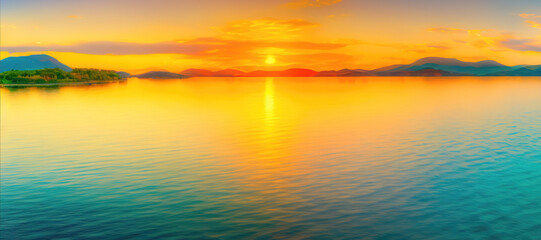 Naklejka na ściany i meble fairytale seascape with a golden sunset, blue hills and water surface with ripples, generative ai mood background