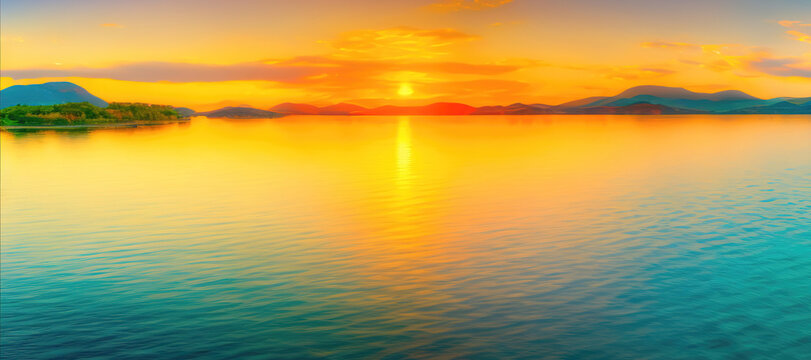 fairytale seascape with a golden sunset, blue hills and water surface with ripples, generative ai mood background © Olena Panasovska