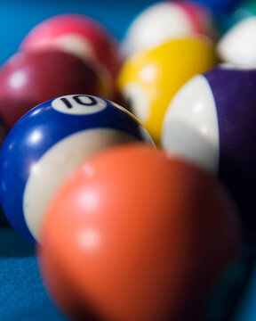 Close up of colored billiard balls.