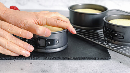 Mini cheesecake recipe. Three mini cheesecake pans with fresh baked cheesecakes close-up, just from the oven