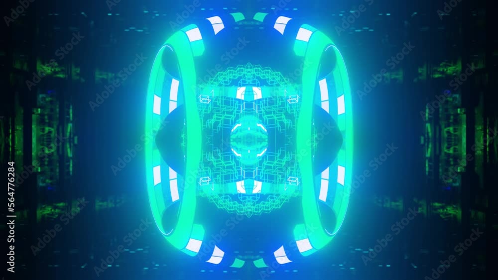 Poster symmetrical 3d object or structure rotates and moves inside glass mirror tunnel with neon light, bri
