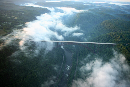 Aerial view of the Rt. 19 bridge over the New River Gorge at Faytteville, WV.