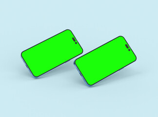 Two smartphones 14 pro max mockup for App and Website UI branding. 2 Phones in front and back side. 3D render