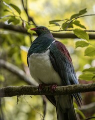 Close up of endemic Kereru New Zealand wood pigeon bird sitting on tree branch in Abel Tasman National Park South Island