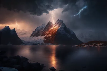 Photo sur Plexiglas Gris 2 Magical mountain landscape with lightning AI