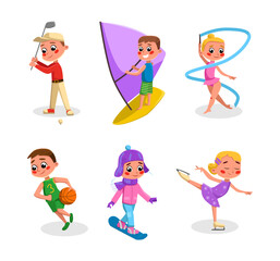 Happy Children Playing Sport and Doing Physical Activity Vector Set
