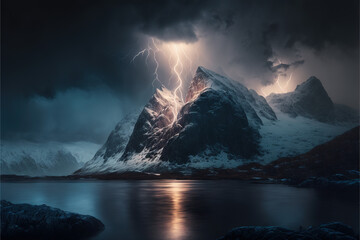 Fototapeta na wymiar Magical mountain landscape with lightning AI