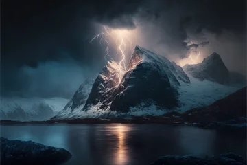 Gordijnen Magical mountain landscape with lightning AI © Terablete