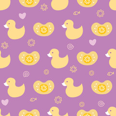 Newborn items seamless pattern. Yellow duck and baby pacifier on purple background.