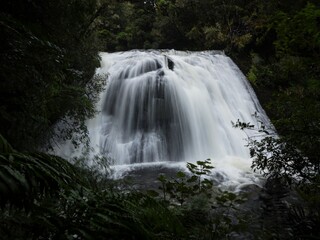 Long exposure of Aniwaniwa Falls waterfall near Lake Waikaremoana in Te Urewera National Park Hawkes Bay New Zealand