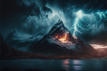 Fototapeta na wymiar Magical mountain landscape with lightning AI
