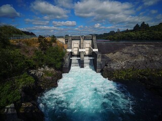 Water discharged released from hydro electricity power plant reservoir Aratiatia Dam in Waikato...