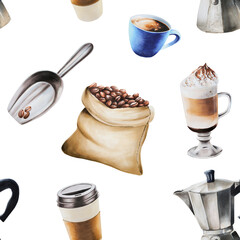 Watercolor seamless pattern with coffee making tools. Latte, espresso, americano. Hand painting on isolated background. For designers, menu, shop, bar, bistro, restaurant, for postcards, wrapping