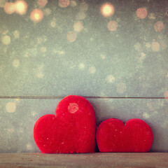 Valentine's Day Red Hearts Backgrounds with wood and sparkles Generated by AI