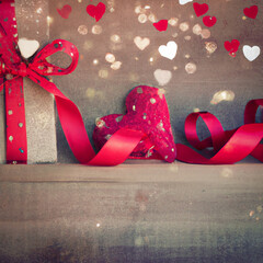 Valentine's Day Red Hearts Backgrounds with wood and sparkles Generated by AI