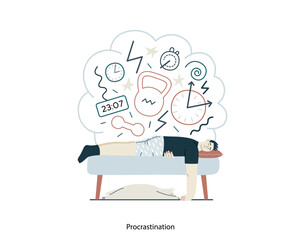Mental disorders illustration. Procrastination - modern flat vector illustration of man suffering under the weight of problems and obligations. People emotional, psychological, mental traumas concept