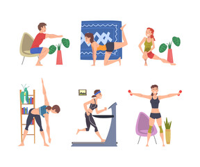 Athletic Male and Female Character Exercising Fitness at Home Vector Set