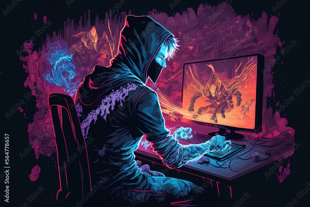 Poster a computer gamer using a desktop system a picture from a video game generative ai