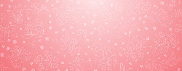 Spring background in pink colors made of various flowers, birds and butterflies