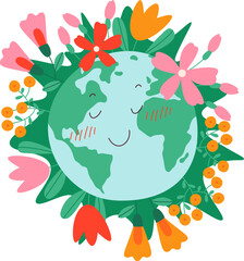 Happy earth with flowers flat icon Planet protection - obrazy, fototapety, plakaty