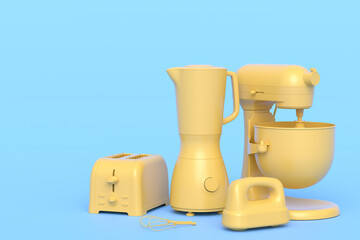 Blender for making healthy smoothie, hand mixer and toaster on monochrome