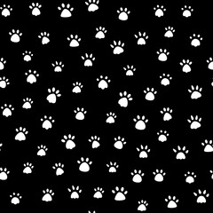 Fototapeta na wymiar Cat paw print vector illustration. Dog, different black animal footprints on a white background. Seamless pattern of animal paws. white on black background