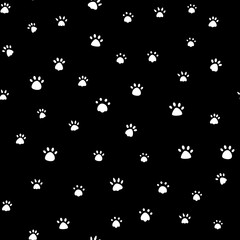 Fototapeta na wymiar Cat paw print vector illustration. Dog, different black animal footprints on a white background. Seamless pattern of animal paws. white on black background