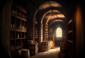 Fototapeta na wymiar Wine cellar. Barrels and bottles of wine..