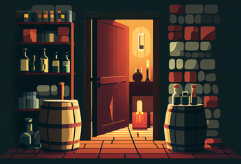 Wine cellar. Barrels and bottles of wine..